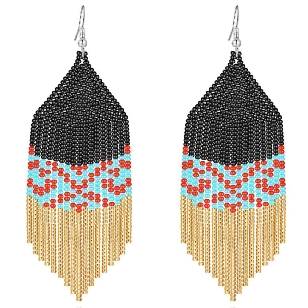 Colorful Bohemian Seed Bead Tassel Dangling Statement French Wire Hook Earrings
